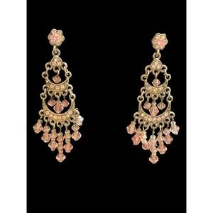 Silver Tone Dangle Earrings 3-Tier Open Work Filigree Style, with Pink Dangles